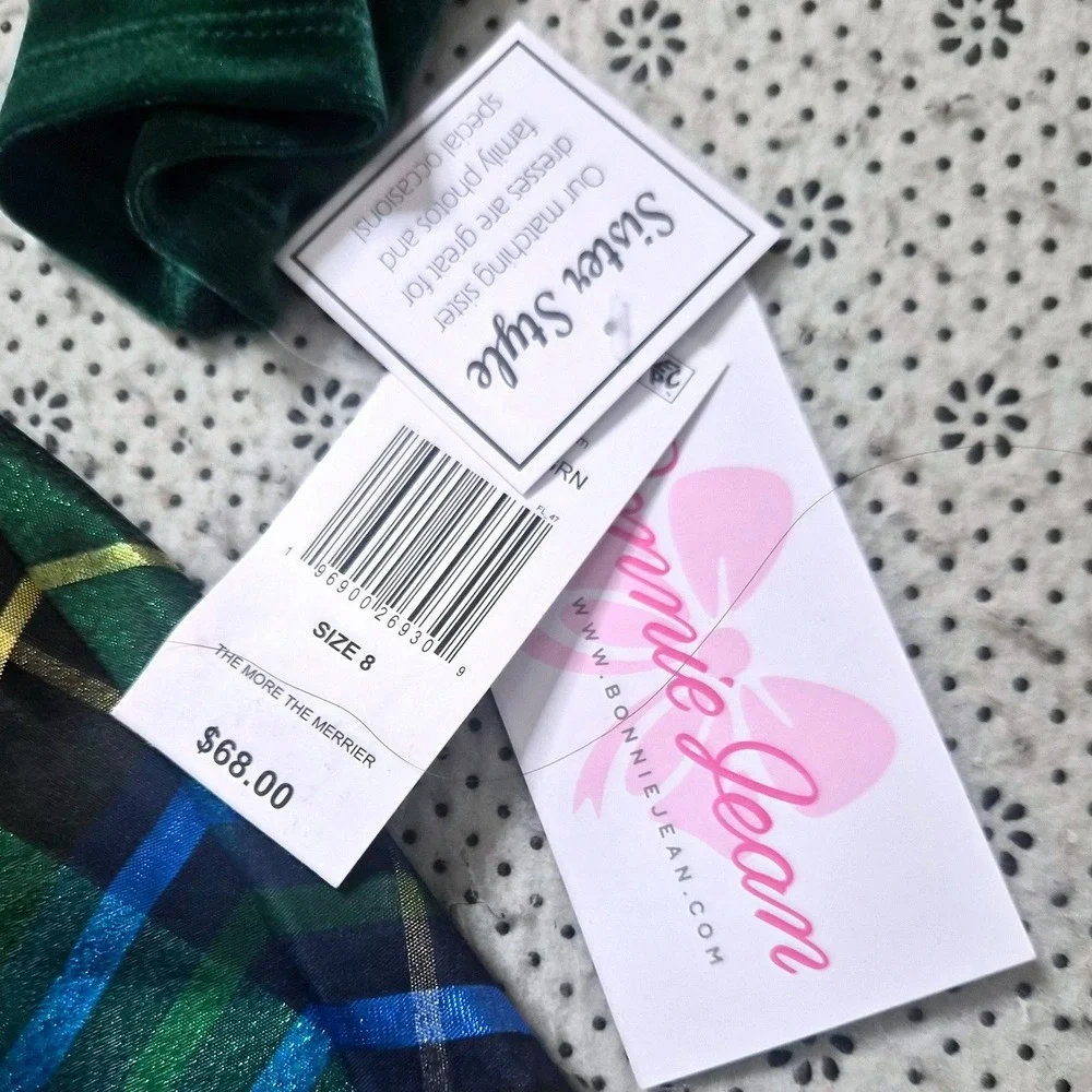 NWT Bonnie Jean Girls Green‎ Velvet Metallic Plaid Holiday Dress Gold Bow Size 8